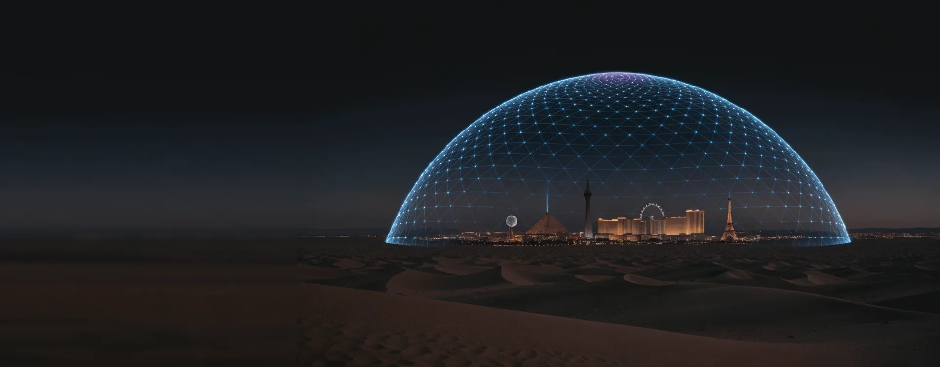 Glowing geodesic dome of blue network light protecting the Las Vegas skyline at night, seen from the desert